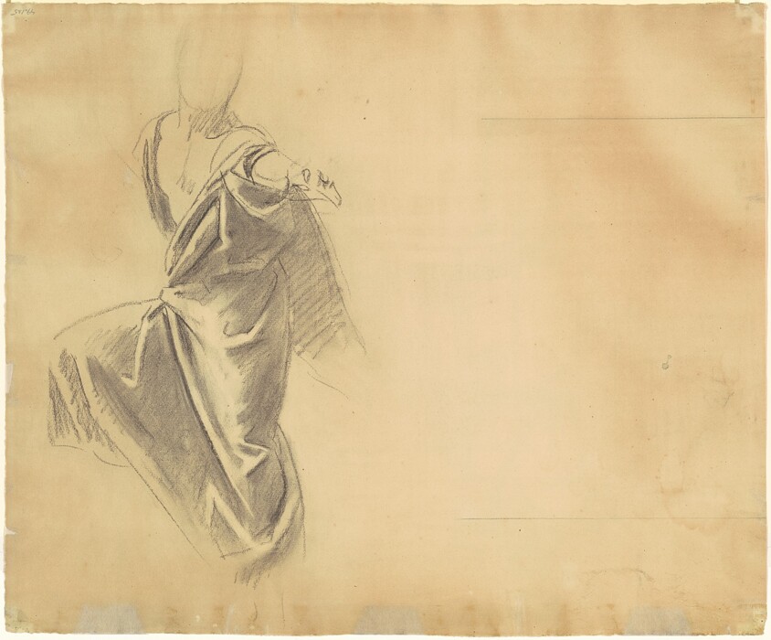 The image depicts a sketch of an upper body with partial detail, using charcoal or pencil on paper. The figure is shown in a seated position with the body angled slightly away. The facial features of the individual are not drawn, with only an outline indicating the head. The hair is depicted as short. The clothing is illustrated as a robe or drapery with significant folds. The figure's arm extends outward, with the sketch capturing the flow of the cloth. There are no visible pieces of jewelry or objects the person is holding. The background of the image is plain, showing the texture of the paper, occasionally marked by light shadowing or shading.