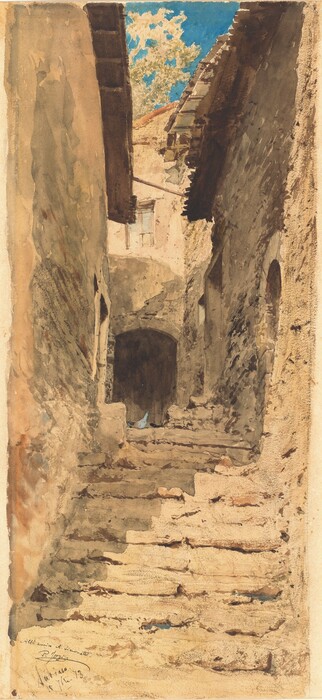 The image shows a set of stone steps leading towards a darkened archway. The perspective is from below, emphasizing the narrowness and steep incline of the passage. A house with a window is visible above the archway, with a patch of blue sky and leafy branches above rooftops in the background. The painting uses loose, fluid brushstrokes to depict the stone walls and steps with earthy browns, grays, and hints of warm orange tones. The color palette is dominated by muted earth tones, with a vivid azure sky adding contrast. The watercolor technique adds warmth and age to the rustic stone surroundings.