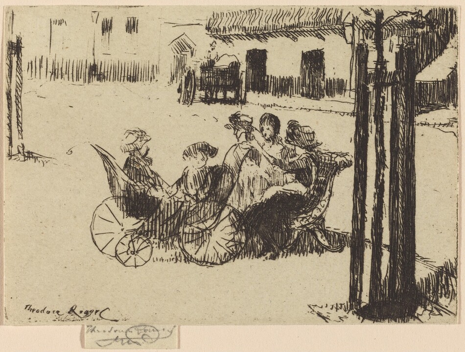 This is a drawing of a carriage with a group seated inside. The scene portrays a group within a horse-drawn carriage along a tree-lined street, in front of a building with shuttered windows. The drawing is created with fine lines depicting textures and forms. Bold vertical lines represent tree trunks on the right, contrasting with horizontal elements. There is a balance of negative space and detailed linework emphasizing wheels and clothing. The atmosphere suggests a leisurely social outing in a quaint town setting.