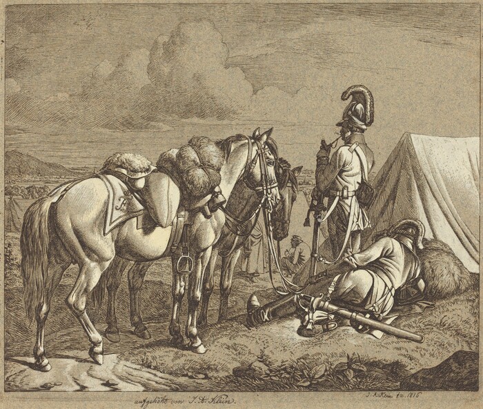 This is a drawing of a military camp scene with horses. The foreground features two horses fitted with saddles and gear, standing side by side. To the right, a figure in military attire with a helmet and plume stands near the horses, looking out toward the horizon, while another figure is seen reclining on the ground, resting with a musket beside them. Behind the figures, a tent is pitched, suggesting a temporary encampment. The background reveals a landscape of rolling hills and a cloudy sky.