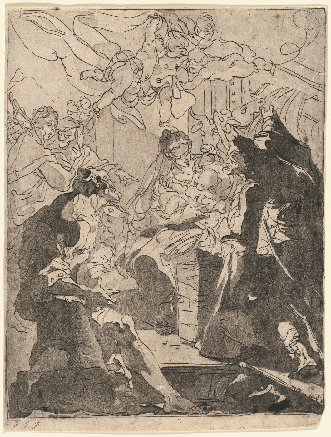 The image depicts swirling lines and undefined shapes creating an abstract scene. The lines form a central circular gathering and above are curling shapes suggesting billowing clouds or drapery. Human features and forms emerge among the lines, resembling faces and limbs intertwined.