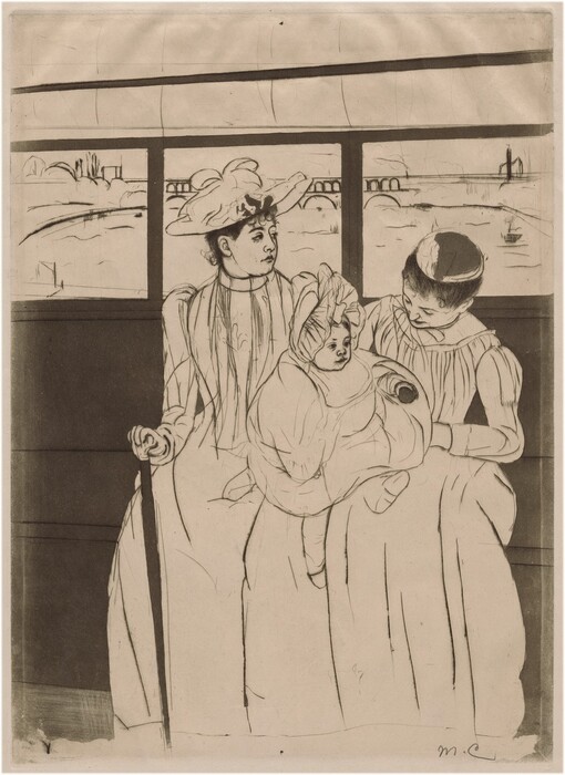 Printed with black lines and areas of dark gray on cream-white paper, two women, one holding a baby on her lap, sit on the long bench seat of an omnibus in this vertical composition. The women and their full skirts take up almost the width of the composition against the gray bench, which extends off both sides. The woman to our left wears a high-collared dress, gloves, and hat. She looks off to our right, almost in profile. She has a round face and the hint of a double chin. One gloved hand rests on a cane. The other woman holds the baby and tips her head down toward the child. Both women’s black hair is pulled up under their hats. The baby wears a white bonnet, a blousy garment, stockings, and shoes, and holds a gray ball in one hand. A row of windows behind them, parallel to the top of the bench, open onto an arched bridge spanning a river with boats. To our left, the water’s edge is lined with puffy forms reminiscent of trees and bushes. The artist signed the work with her initials in graphite in the bottom right, “MC.”