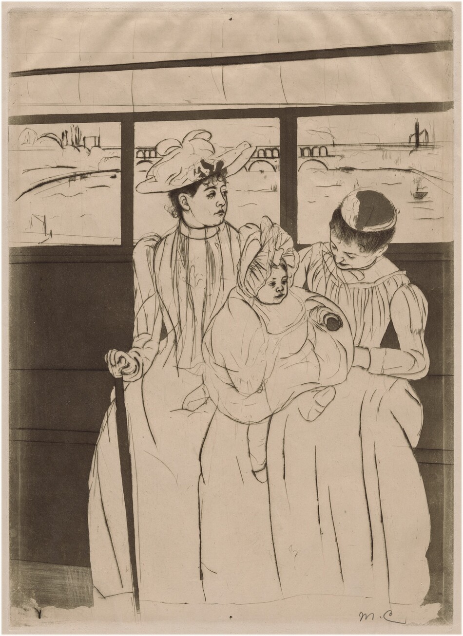 Printed with black lines and areas of dark gray on cream-white paper, two women, one holding a baby on her lap, sit on the long bench seat of an omnibus in this vertical composition. The women and their full skirts take up almost the width of the composition against the gray bench, which extends off both sides. The woman to our left wears a high-collared dress, gloves, and hat. She looks off to our right, almost in profile. She has a round face and the hint of a double chin. One gloved hand rests on a cane. The other woman holds the baby and tips her head down toward the child. Both women’s black hair is pulled up under their hats. The baby wears a white bonnet, a blousy garment, stockings, and shoes, and holds a gray ball in one hand. A row of windows behind them, parallel to the top of the bench, open onto an arched bridge spanning a river with boats. To our left, the water’s edge is lined with puffy forms reminiscent of trees and bushes. The artist signed the work with her initials in graphite in the bottom right, “MC.”
