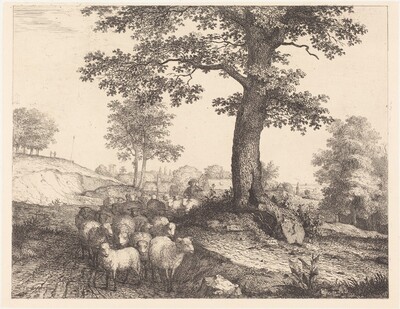 Shepherd and Flock under an Ancient Tree