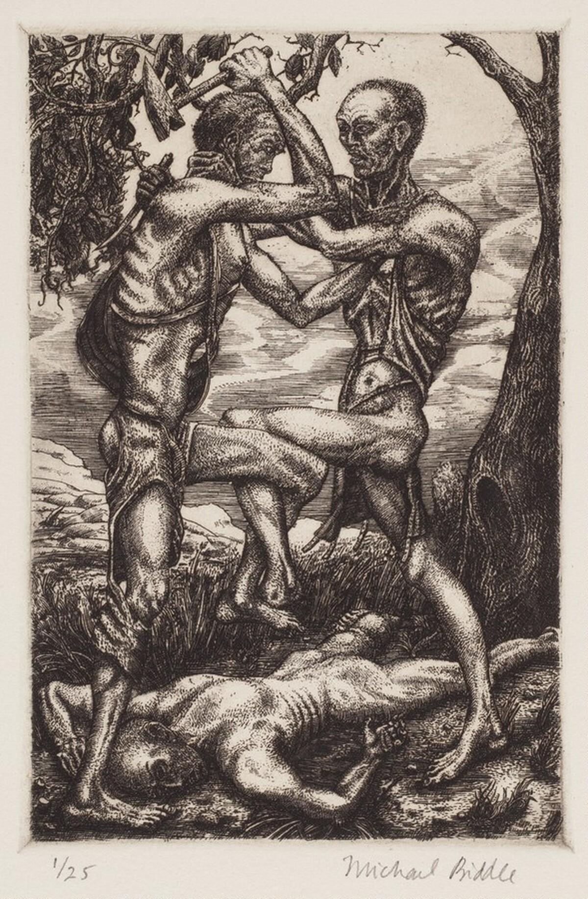 Three Figures, Two Fighting, One Dead