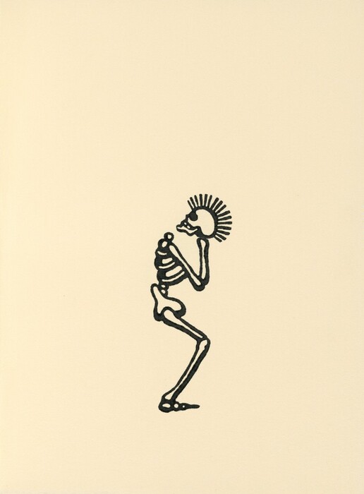 The image shows black lines and shapes creating an abstract representation of a skeleton. The lines form a human-like figure with bones resembling a human skeleton's structure, including familiar parts like the skull, ribcage, and limbs. The skull of the figure has radiating lines that resemble a Mohawk hairstyle.