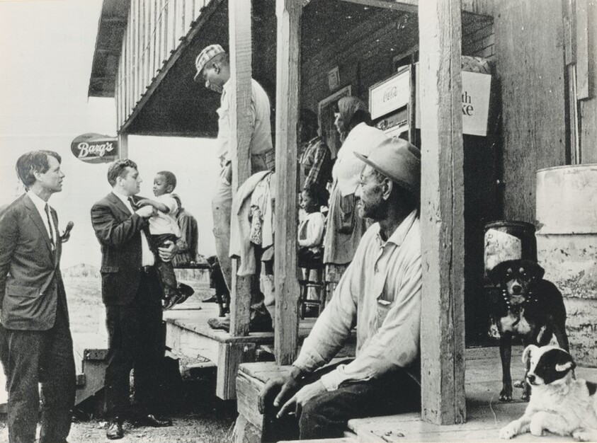 Title from caption on object: “Senator Robert Kennedy Talks to Group Gathered in Country Store Front Near Greenville, Mississippi…”