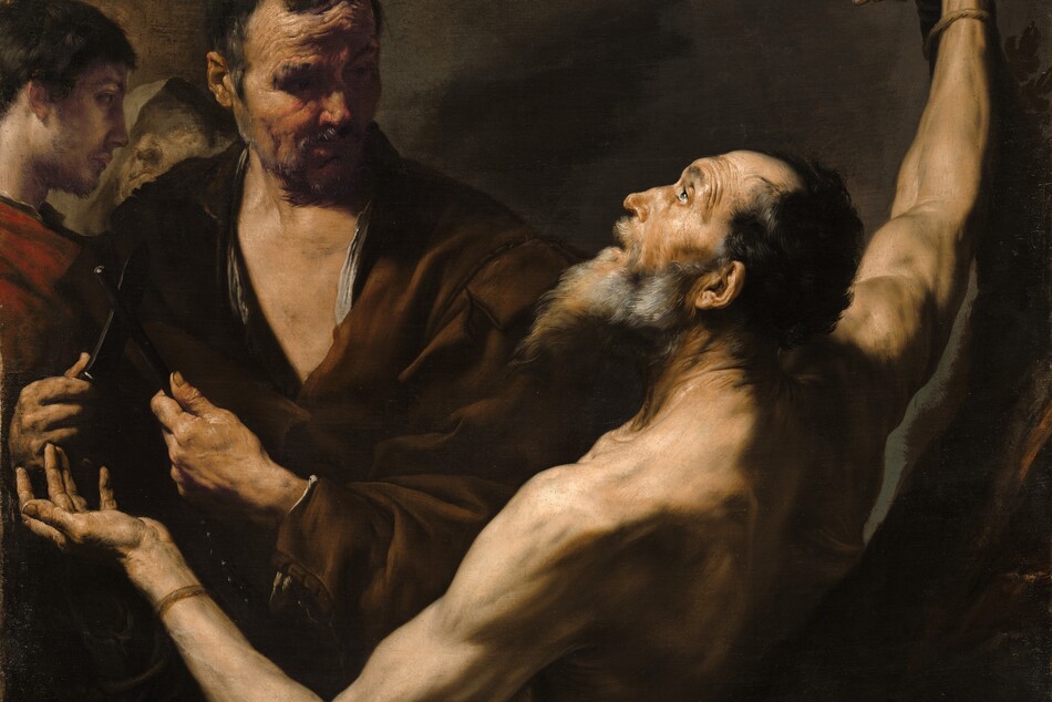 A group of four men with pale skin, shown from the waist up, almost fill this square painting. Light pours onto the scene from the upper left and falls across the upturned face of the bearded, bare-chested man, Saint Bartholomew, who is situated with his back facing us and his arms spread wide. In the top right corner, his right wrist is lashed to a pole that extends off the top edge of the painting. His other arm is bent at the elbow near the lower left corner, and he holds that hand palm up. His profile, facing our left, is bright against the shadowed background. His mouth is slightly agape, and his eyebrows are raised as he looks up toward the light that bathes his lithe, muscular body. His long beard is streaked with gray, and he has receding black hair. A second, broad-shouldered man, draped in a brown cloak, stands facing us behind and just to our left of Saint Bartholomew. The younger man holds a knife in one hand resting against a black, rod-like sharpener held in the other. He turns his head to gaze at Saint Bartholomew, his eyes deep in shadow. He also has a furrowed brow and a craggy, ruddy complexion. Two more men stand behind him, to our left, filling the left side of the painting. The man on the far left has smooth skin, a trimmed beard, and short brown hair. He stands in profile looking to our right and wears a cranberry-red cloak. Barely visible beyond him, to our right, is a man wearing a gray-green hood hiding half his face. His features are loosely painted and faint, but he also looks up, either toward the young man or the light from above. All four are surrounded by deep shadows against a brown background.
