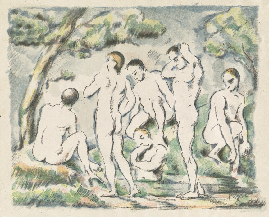 This is a painting of multiple nude figures in a natural setting. The scene shows the figures lounging and standing near the water's edge in a serene environment. The figures are depicted with soft lines, gentle shading, and a relaxed sense of movement and interaction. The background includes trees and foliage with brushstrokes indicating a lush atmosphere. The color palette consists of soft shades of blue, green, and earthy tones, contributing to the tranquil mood of the painting. The style is reminiscent of Paul Cézanne, known for his exploration of the human form and integration of landscape.