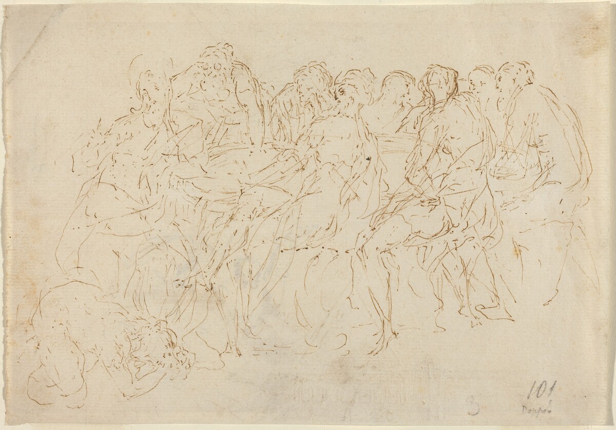 Magdalene Washing the Feet of Christ with Eight Disciples Looking On [recto]