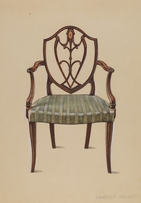 The image features a chair with a wooden frame and an oval-shaped backrest with carvings. The seat cushion is green with vertical stripes. The chair is positioned in the center of the image on a light beige background.