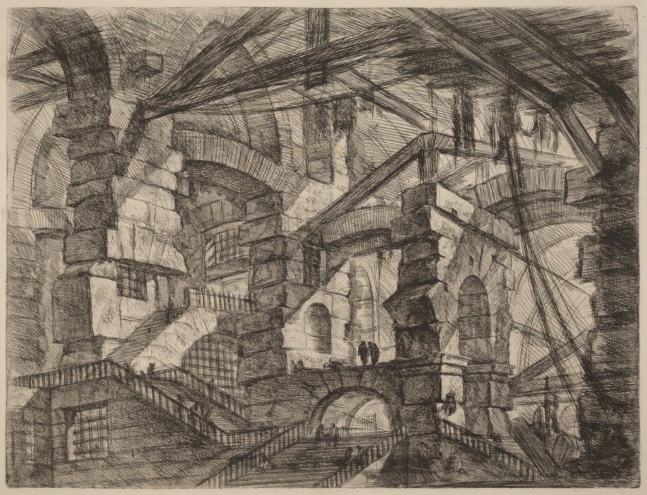 The etching provides a wide and slightly elevated perspective of a complex architectural space resembling an elaborate dungeon or underground structure. The space is enclosed within massive stone structures and arches, with etched lines creating depth and scale through bold, dark strokes emphasizing the stonework's heaviness and intricacy. Lighter, finer lines add texture and detail. The color palette is monochromatic, with black ink highlighting shadows and details against the light etching paper. In the foreground, intersecting staircases with railings are depicted, while figures can be seen navigating through arches in the distance, contrasting with the towering pillars and beams dominating the scene.