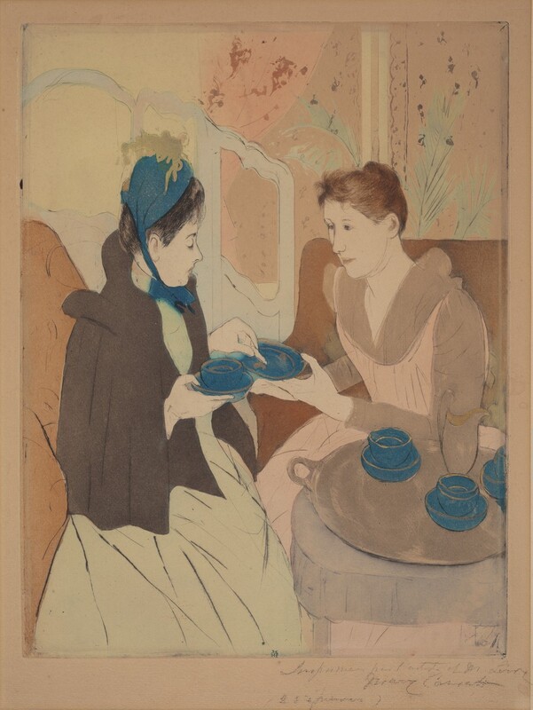 Two women with pale, peachy skin sit next to a table holding a tray and royal-blue tea cups and saucers in this colored, vertical etching and aquatint. Faint black lines outline the women, their features, clothing, and objects in the room, and each area is filled in with a flat color. The women face each other and take up most of the composition. Both have oval faces, rounded noses, pale, dusky pink lips, and their hair is pulled up and back. The woman to our right has brown hair and leans forward as she holds up a blue plate with her right hand, closer to us. The other hand rests on the arm of her tawny-brown chair. Her dress has a petal pink bodice and long skirt with fawn-brown long sleeves and fabric covering her chest and tucked into the low, rounded neckline. The other woman wears a blue cap over her black hair. The hat has a celery-green feather and is tied in a bow under the chin. She wears a hip-length, coffee bean-brown cloak over a pale, sage-green dress. She looks down at the plate and holds what might be a cookie or biscuit with one hand and a cup and a dish-like saucer with the other. Her lips are downturned and her head pulled slightly back to create a double chin. She sits upright in another brown chair. In the lower right corner of the sheet, the round dove-gray table is barely bigger than the round tawny-brown tray it holds. On it are two more cups and saucers and a silver jug, presumably holding milk. What might be another cup and saucer set or the teapot is cut off by the right edge of the paper. The rims of the cups and saucers are painted gold. A pale, barely mint-green screen with openings across the top stands to the left behind the second woman, and a window is behind the first. Spiky fronds of a houseplant angle up in front of sand-brown curtains covering the opening. A coral-pink curtain is pulled to the left side, and squiggles and flowers printed in darker tones of brown and pink respectively suggest patterns. The wall behind the screen is straw yellow. The artist signed and inscribed the sheet under the lower right corner, “Imprimée par l'artiste et M. Leroy, Mary Cassatt (25 épreuves) serie unique.” A tiny dark blue stamp with a short, wide C overlaid on a capital letter M is inked along the bottom edge of the image.
