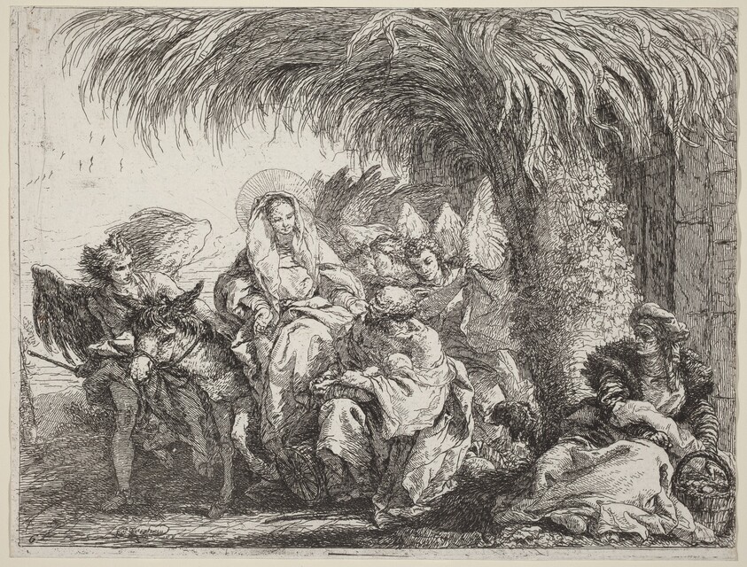Joseph Kneels with the Child before Mary on the Donkey