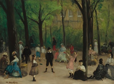 “Luxembourg Gardens”. This is a painting of a park filled with tall trees and people in colorful clothes.
