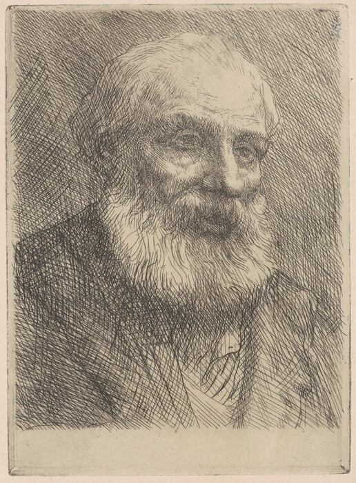 The image shows an etching of a man's upper body, including his head and shoulders. The man is depicted in a three-quarter view with his head slightly turned to his left. His facial features are detailed, with prominent eyebrows, a long nose, and a full beard that covers most of his lower face. His hair is sparse, receding, and blends into his beard. The man's attire appears to be a jacket or coat with a visible collar, and there's a textured suggestion of a shirt underneath. The background of the image is filled with dense, parallel diagonal lines.