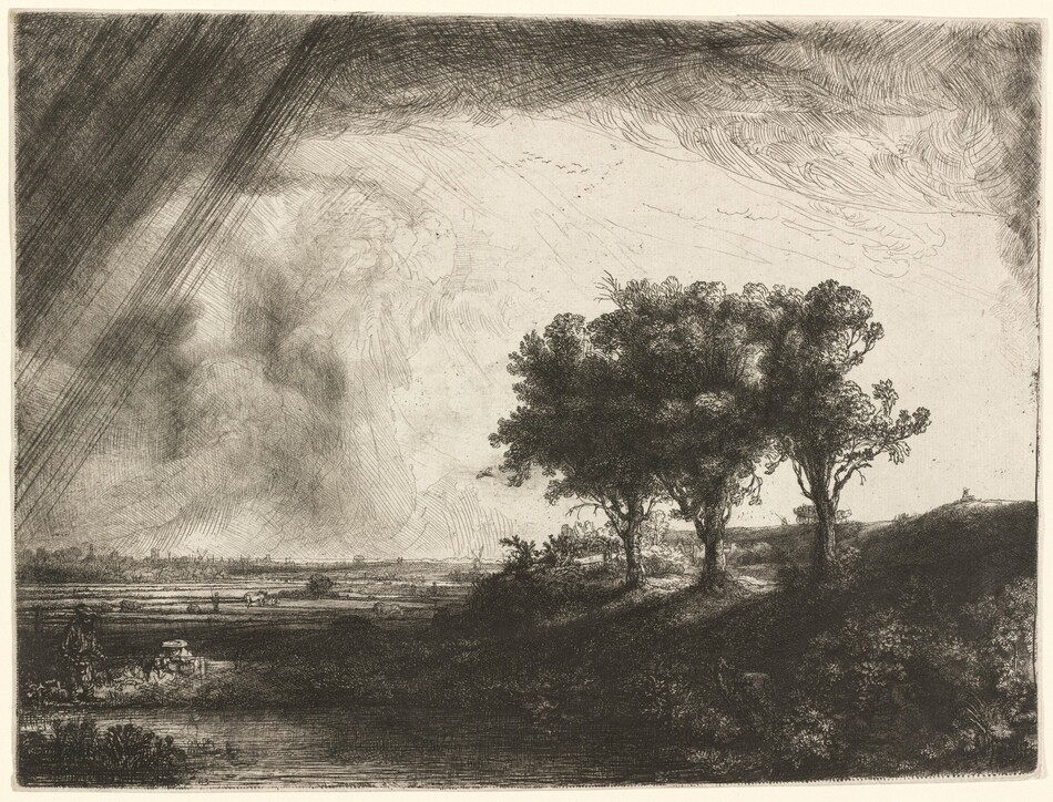 Printed with deep, black shadows and swirling or straight lines on cream-white paper, three trees stand on a grassy bank alongside a body of water, probably a river or canal, in this horizontal etching, engraving, and drypoint. The grassy bank reaches almost two-thirds of the way across the composition from the right edge. At least two people, a horse-drawn wagon or carriage filled with more people, and a town, all minuscule in scale, are tucked under or beyond the trees. The face of the bank directly opposite us is dark in shadow and the details of plants and the waterline are hard to make out. The bank tapers down so the distant horizon, which comes about a third of the way up the composition, stretches across the left half of the print. One person sits and one stands, fishing, by the water in the lower left corner. People work and cows stand or lie in the flat field beyond the water, and buildings and windmills created with a few strokes of the burin or etching needle are tiny in the far distance. The deeply shaded three trees are outlined starkly against the white sky. Dark clouds pour across the top of the sheet and enter along the left edge, and diagonal lines across the top left corner suggests falling rain. The artist signed and dated the print among grasses in the lower left corner of the printed image: “Rembrandt f. 1643.”