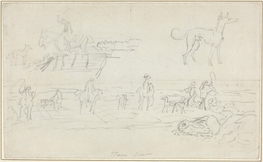 Huntsmen with Hounds and a Crouching Hare [recto]