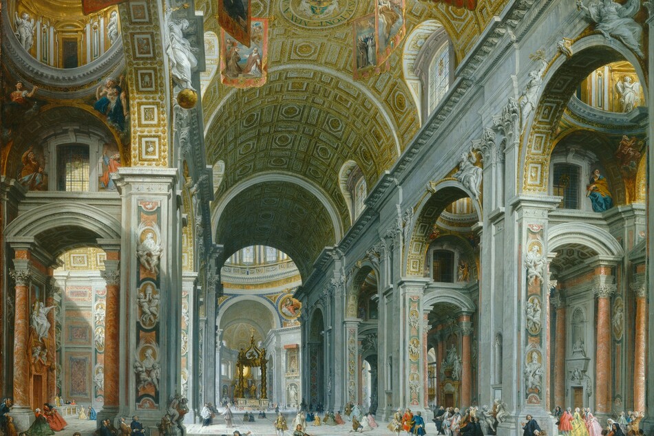 The soaring, gilded vault of a central aisle of the inside of a church fills this horizontal painting. The ceiling of the nave curves up and away from us like a tunnel. It is lined with coffers, which have inset panels, decorated with gold. The light-filled nave angles down from the top center of the composition toward the lower left as it moves away from us. The white stone pillars supporting the barrel vault are intricately carved and decorated with pudgy, winged cherubs holding portraits of men, and aisles run parallel to the central nave to our left and right. In the side aisles, pink marble columns flank altars in chapels. At the far end of the church, the nave is interrupted where it opens into the light-filled crossing, before continuing beyond. Marking the space where the long hall of the church is intersected by a shorter arm to create a cross shape is a structure made of four twisting columns supporting a pointed canopy, all cast in bronze. Tiny men and women pray or gather in pairs and small groups along the nave. Some wear tattered clothing and others are elegantly dressed.