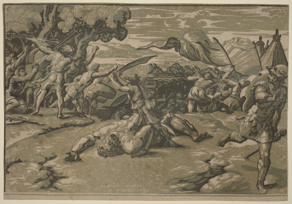 A boy raises an oversized sword high over a man who has fallen face down as others fight in a landscape in this horizontal woodblock print. The scene is printed with three blocks, two in shades of olive green and the third in black. The cream-white of the paper creates the highlights. The boy kneels with one knee pressed between the shoulders of the fallen man. The boy wears a toga and lifts the sword with both hands. Much larger than the boy, the muscular man reaches one hand forward, the fingers raised. Beyond this pair and to the left, some men kneel with their hands held up and together toward others who hurl stones or a lance at soldiers to the right. A man carries a fluttering banner in front of tents in the background in the rightmost quarter of the image, and another armored man runs away from the action, toward us and to our right along the right edge of the sheet. There are trees and hills in the background under bands of clouds in the sky. An inscription was carved out of the bottom center of the pale olive-green block so white text reads, “RAPHAEL VRBINAS. P. VGO DACARPO.”