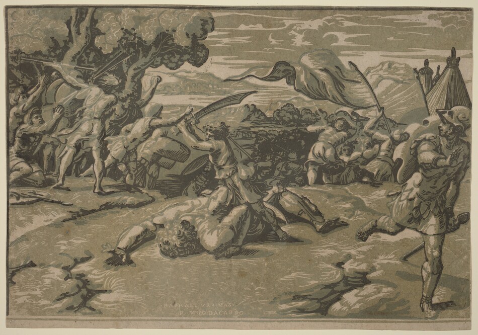 A boy raises an oversized sword high over a man who has fallen face down as others fight in a landscape in this horizontal woodblock print. The scene is printed with three blocks, two in shades of olive green and the third in black. The cream-white of the paper creates the highlights. The boy kneels with one knee pressed between the shoulders of the fallen man. The boy wears a toga and lifts the sword with both hands. Much larger than the boy, the muscular man reaches one hand forward, the fingers raised. Beyond this pair and to the left, some men kneel with their hands held up and together toward others who hurl stones or a lance at soldiers to the right. A man carries a fluttering banner in front of tents in the background in the rightmost quarter of the image, and another armored man runs away from the action, toward us and to our right along the right edge of the sheet. There are trees and hills in the background under bands of clouds in the sky. An inscription was carved out of the bottom center of the pale olive-green block so white text reads, “RAPHAEL VRBINAS. P. VGO DACARPO.”