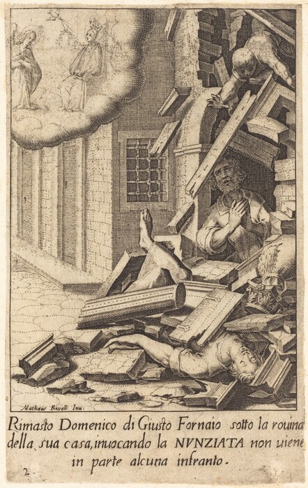 The image shows a man trapped in the debris of a collapsed building. His torso, head, arms, and one leg are visible. He has a long, curly beard and short hair, and is wearing long-sleeved clothing. He has one hand raised to his chest. Surrounding him are rubble and architectural fragments. In the cloudy sky above, there are two seated figures that appear indistinct. The scene is depicted in an old illustration style.