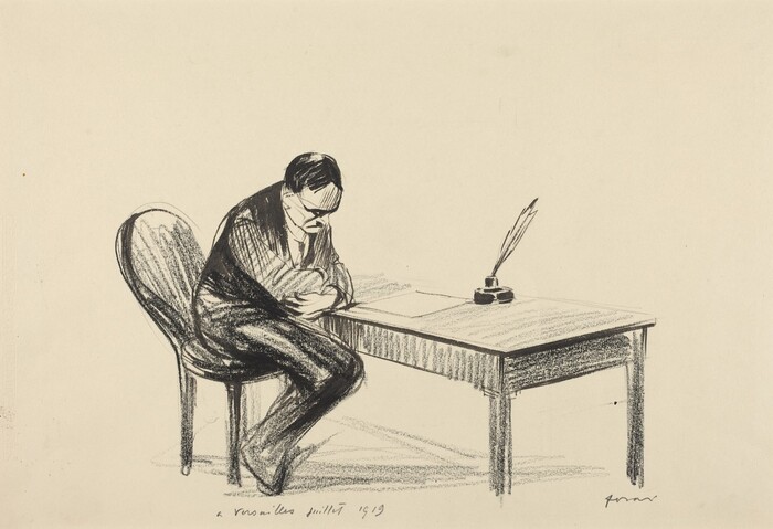 The image is a drawing of a man sitting on a chair beside a table. He is leaning forward with his arms crossed and resting on the table, his head slightly bowed. He has short, dark hair and is wearing a suit. On the table, there is an inkwell with a feather quill. The background is plain.