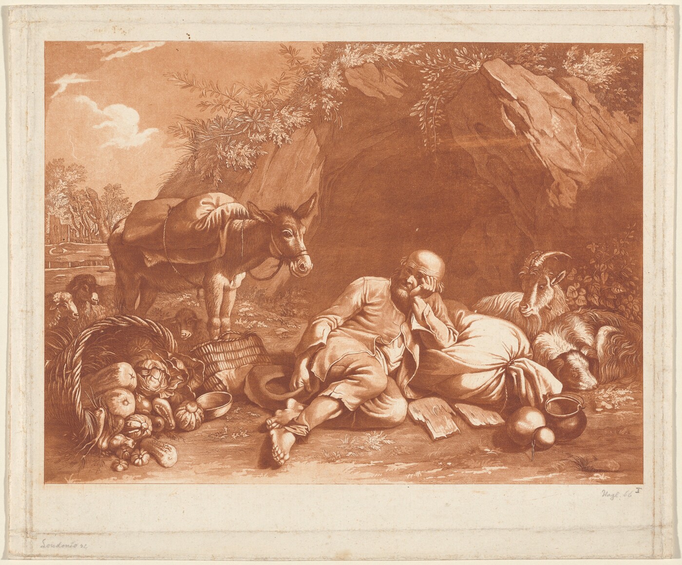 This is a painting of a pastoral scene featuring an assortment of objects and animals. The image depicts an outdoor setting, with a rocky outcrop under foliage in the background. In the foreground, there is a reclining figure dressed in draped clothing, resting against a sack. To one side, a donkey stands calmly, equipped with a covering or sack draped over its back. On the ground surrounding the reclining figure are various items such as baskets filled with produce, including vegetables, alongside objects that could be jugs or pots. Additionally, a goat is resting beside the figure. The painting utilizes a monochromatic palette with a warm, sepia tone. This is in the style of Rembrandt van Rijn, with detailed etching technique and use of chiaroscuro to convey depth and texture within the scene.