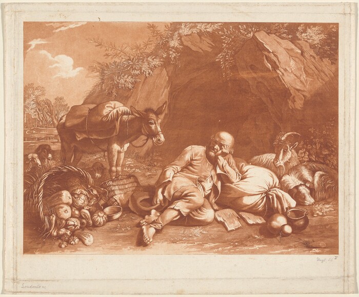 This is a painting of a pastoral scene featuring an assortment of objects and animals. The image depicts an outdoor setting, with a rocky outcrop under foliage in the background. In the foreground, there is a reclining figure dressed in draped clothing, resting against a sack. To one side, a donkey stands calmly, equipped with a covering or sack draped over its back. On the ground surrounding the reclining figure are various items such as baskets filled with produce, including vegetables, alongside objects that could be jugs or pots. Additionally, a goat is resting beside the figure. The painting utilizes a monochromatic palette with a warm, sepia tone. This is in the style of Rembrandt van Rijn, with detailed etching technique and use of chiaroscuro to convey depth and texture within the scene.