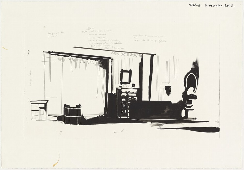 The image features an interior scene with a large window, curtains, a fireplace with a mirror above it, and a high-backed chair. The color scheme is mainly black and white, creating strong contrast. A small table with drawers is on the left side, and a low screen or barrier is in front of the fireplace. The high-backed chair is on the right side. The illustration is done in a mix of bold and fine lines.