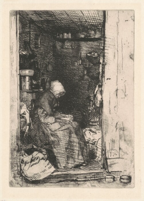 The image shows a person seated in a small interior space resembling a pantry or storeroom. The person is seated with their body slightly hunched forward, head bowed and facial features obscured. They are wearing a long-sleeved dress with a bonnet. Various household objects such as baskets and jars are around them, with shelves filled with containers and food items. Sacks are also on the floor. The surroundings are depicted in an intricate etching style, creating a dimly lit, cozy atmosphere.