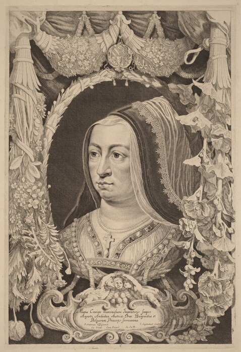 The image shows a bust portrait of a woman facing slightly to the right, with a full view of her face. She has an oval face shape, defined cheekbones, a sharp nose, and large eyes looking in the same direction. She wears an ornate headpiece with decorative patterns and a lacy edge. Her clothing appears rich, possibly a gown with pearls and intricate embroidery, and she wears a cross pendant. The portrait is framed with floral and ornamental designs, including carvings and floral motifs. The background features detailed floral garlands and drapery. A medallion with a coat of arms is above her head within the decorative elements encircling her portrait.