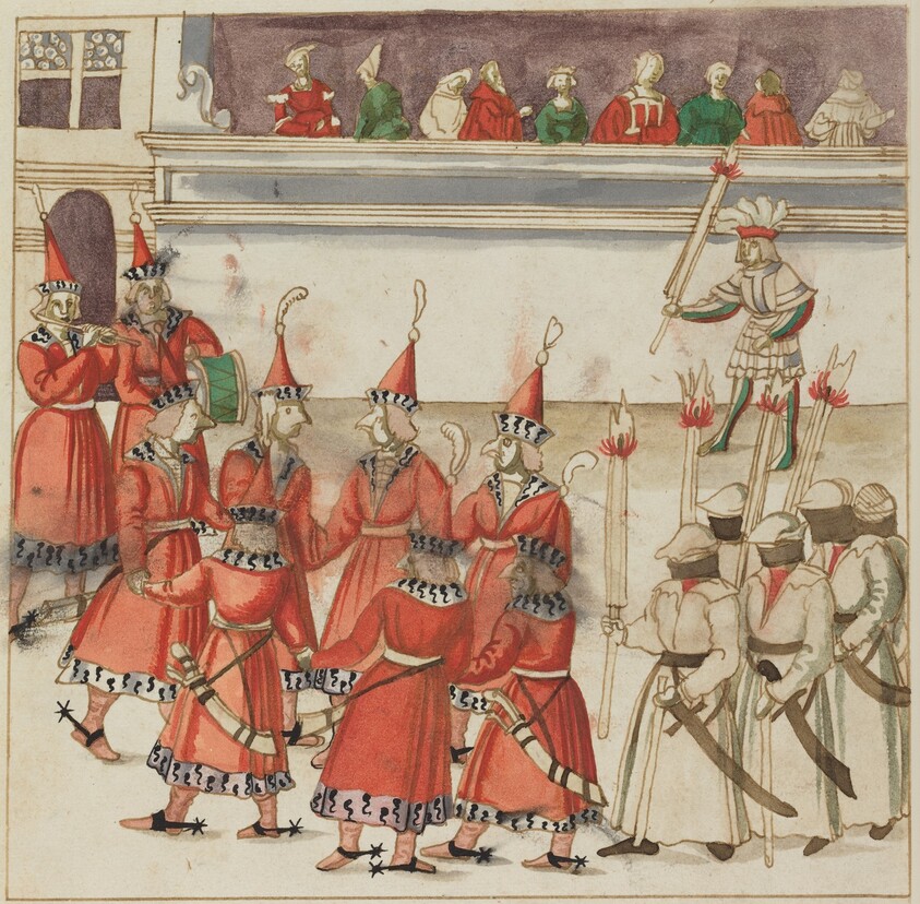 Seven Men in Red Gathered in a Circle