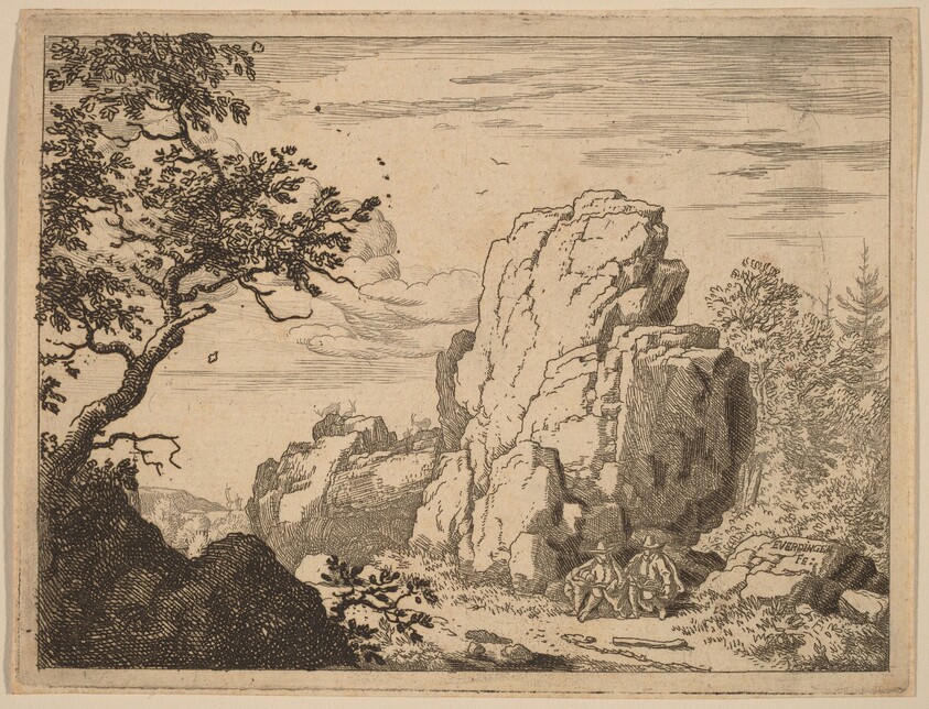 Two Men Seated at the Foot of a High Rock