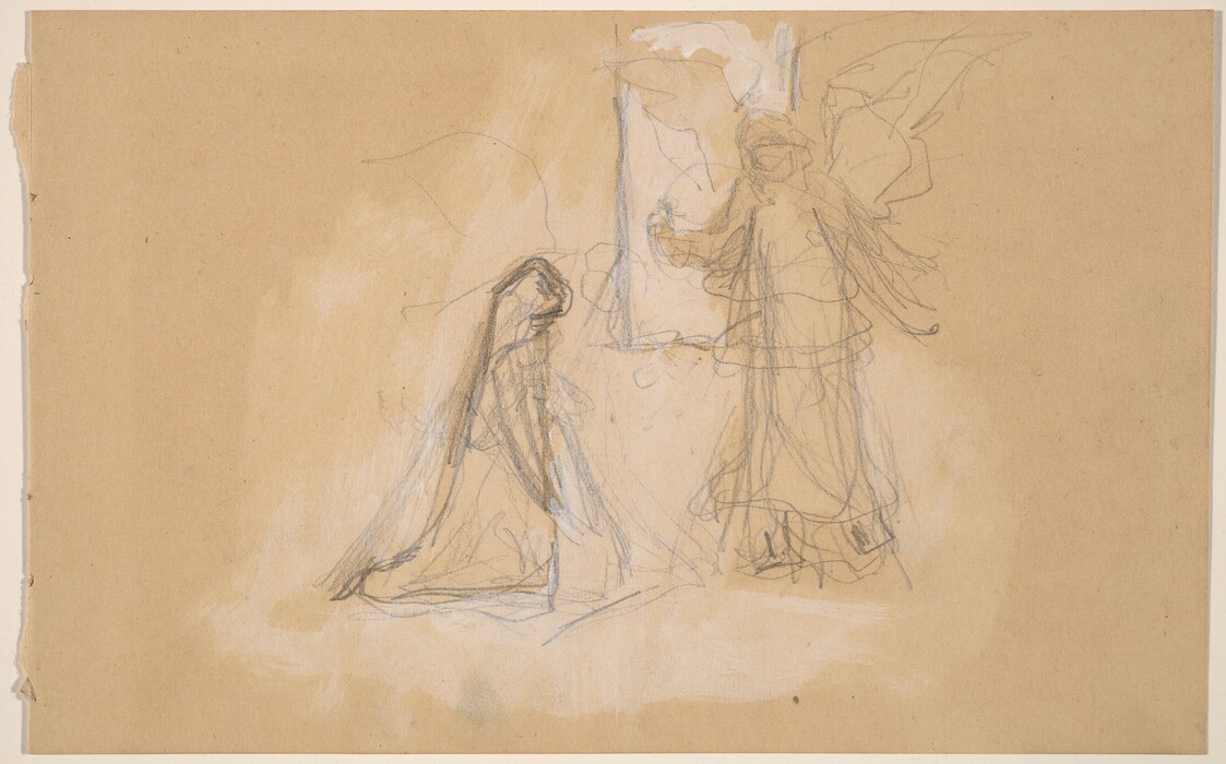 The image is a pencil and watercolor sketch on paper depicting two figures. Both figures are depicted in full length. The person on the left is kneeling with their head slightly bowed, with obscured facial features by shadowing, wearing a long draped garment and a head covering. The figure on the right is standing with an extended arm, with indistinct facial features and wearing a flowing garment. The background is a plain, natural-toned paper.