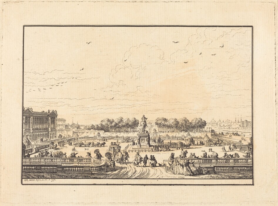 The image displays a bird's-eye view of a grand city square bustling with activity. The horizon is high in the composition, aligning with a dense line of trees in the distance, and the sky has light, wispy clouds and a few birds. The scene is shown in a monochromatic palette, emphasizing detailed linework for depth. In the foreground, there are elegantly dressed figures and horse-drawn carriages on a balustraded terrace. Past this terrace is a grand statue in the middle of an expansive space. The background features distinguished buildings with architectural details shown through precise etching. The artwork conveys vibrancy and elegance, capturing urban life with meticulous detail.