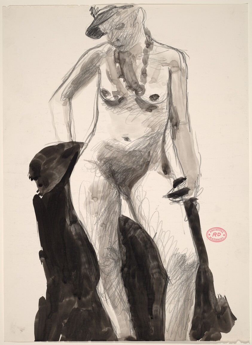 Untitled [standing female nude in cap looking down]