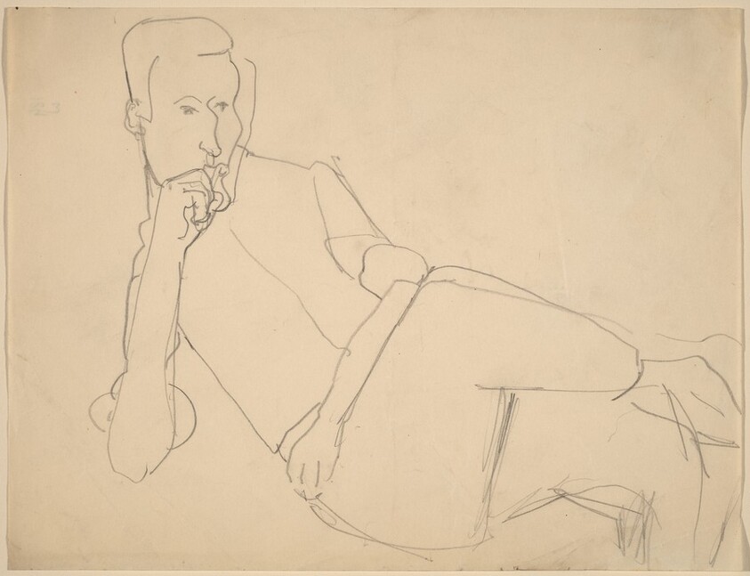 Man Leaning Back and to the Left, Right Hand Raised to Mouth