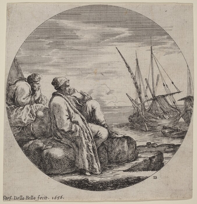 The image depicts an etching showing two men sitting on what seems to be sacks or bales, looking out towards the sea. The horizon is visible halfway up the image, featuring ships on calm waters. The etching displays intricate line work with cross-hatching for shadows and texture. The color palette is monochromatic, with black lines on light paper, conveying a sense of calm and contemplation.