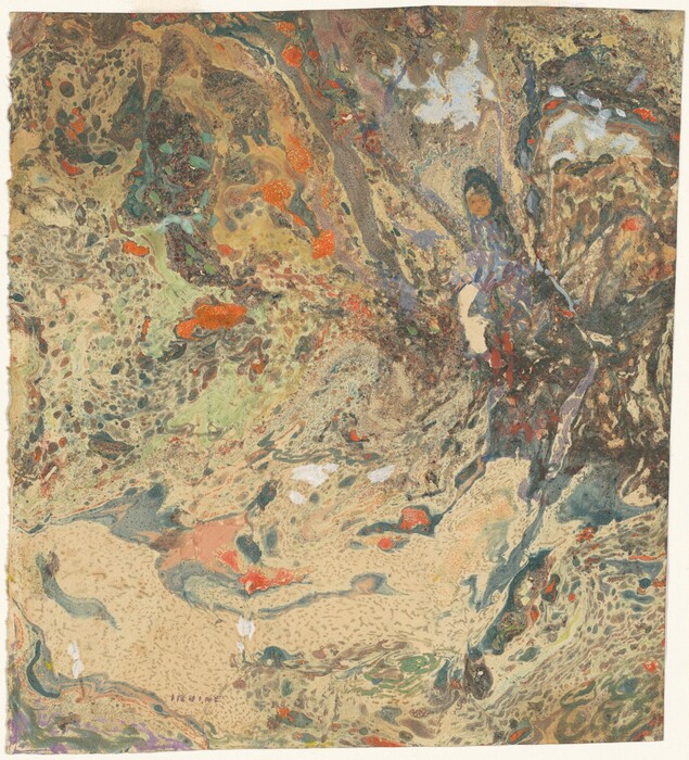 The image displays swirling and flowing shapes in a dynamic composition. The design features earthy tones with splashes of red, green, and blue. The shapes resemble organic forms like waves or smoke. Some areas evoke textures of a rocky landscape or marbled surface. There is a visual complexity with intertwining colors similar to natural stone patterns or weathered surfaces.