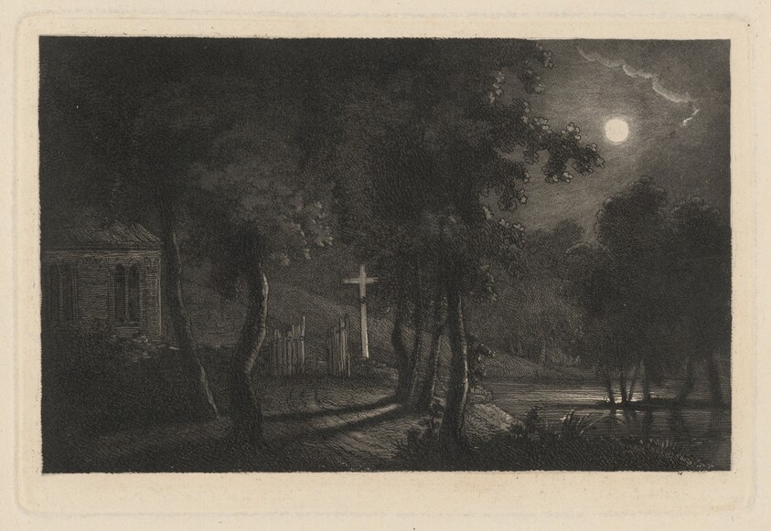A Lakeside Chapel by Moonlight