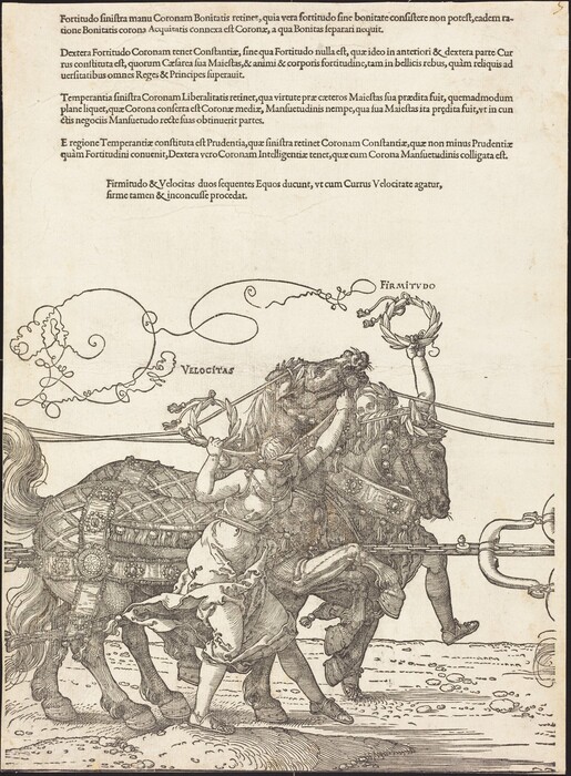 This is a drawing of a chariot being pulled by two horses. The linework depicts a scene with classical motifs. Two horses are in motion, adorned with ornate harnesses. The horses are pulling a chariot, not fully visible. Above the horses are decorative curls and Latin texts labeling different aspects, such as "Fortitudo" (Strength) and "Velocitas" (Swiftness). The art style is reminiscent of Albrecht Dürer's woodcuts and engravings, emphasizing fine linework and classical allegories.