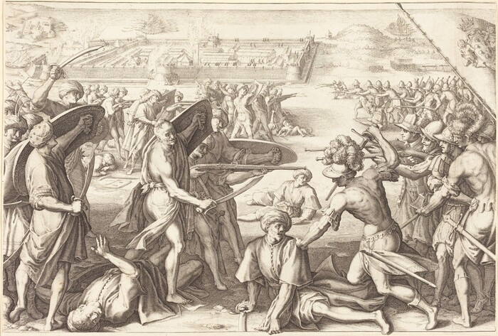 This is a drawing of a battle scene. The scene depicts figures engaged in combat using weapons such as swords, spears, and shields. One group is wearing helmets and armor, while the other group is clad in draped robes and some wear turbans. In the background, there is a fortified structure with smoke rising. The illustration captures the intensity and movement of the clash.