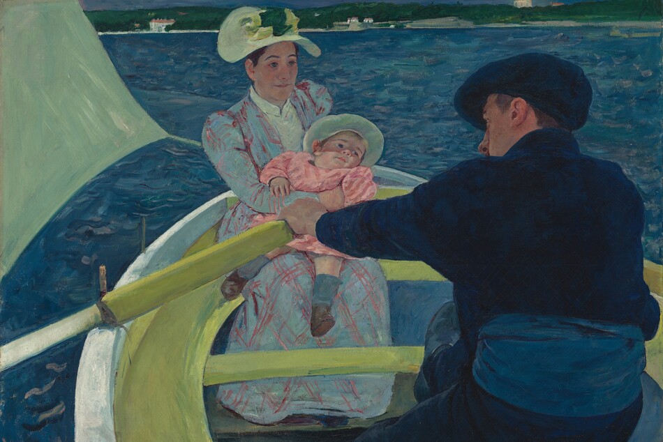 We look slightly down into a lime-green and white rowboat carrying a woman holding a baby and a man in this nearly square painting. The man wears midnight-blue shoes, pants, jacket, and soft, floppy cap. He sits with his back to us, bending forward to row the boat, which is cropped by the bottom edge of the canvas. The left side of his ruddy face is visible over his left shoulder. The woman and baby both have pale skin. The woman and baby sit across from the man, facing us to our left in the bow. The woman’s long-sleeved, sky-blue dress is crosshatched with pink lines. The baby leans back in the woman’s arms, and wears a pink dress, blue socks, and brown shoes. The wide-brimmed hats on both the woman and baby are painted pale celery green. They gaze toward or just past the man. The corner of the boat’s sail, also painted pale green, is pulled taunt by the wind to our left. Azure-blue water surrounds the boat up to the high horizon line, which brushes the top edge of the painting. The shoreline in the distance is lined with trees and dotted with white houses with red roofs.