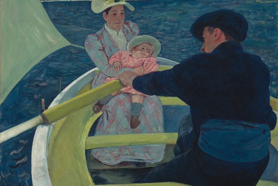 We look slightly down into a lime-green and white rowboat carrying a woman holding a baby and a man in this nearly square painting. The man wears midnight-blue shoes, pants, jacket, and soft, floppy cap. He sits with his back to us, bending forward to row the boat, which is cropped by the bottom edge of the canvas. The left side of his ruddy face is visible over his left shoulder. The woman and baby both have pale skin. The woman and baby sit across from the man, facing us to our left in the bow. The woman’s long-sleeved, sky-blue dress is crosshatched with pink lines. The baby leans back in the woman’s arms, and wears a pink dress, blue socks, and brown shoes. The wide-brimmed hats on both the woman and baby are painted pale celery green. They gaze toward or just past the man. The corner of the boat’s sail, also painted pale green, is pulled taunt by the wind to our left. Azure-blue water surrounds the boat up to the high horizon line, which brushes the top edge of the painting. The shoreline in the distance is lined with trees and dotted with white houses with red roofs.