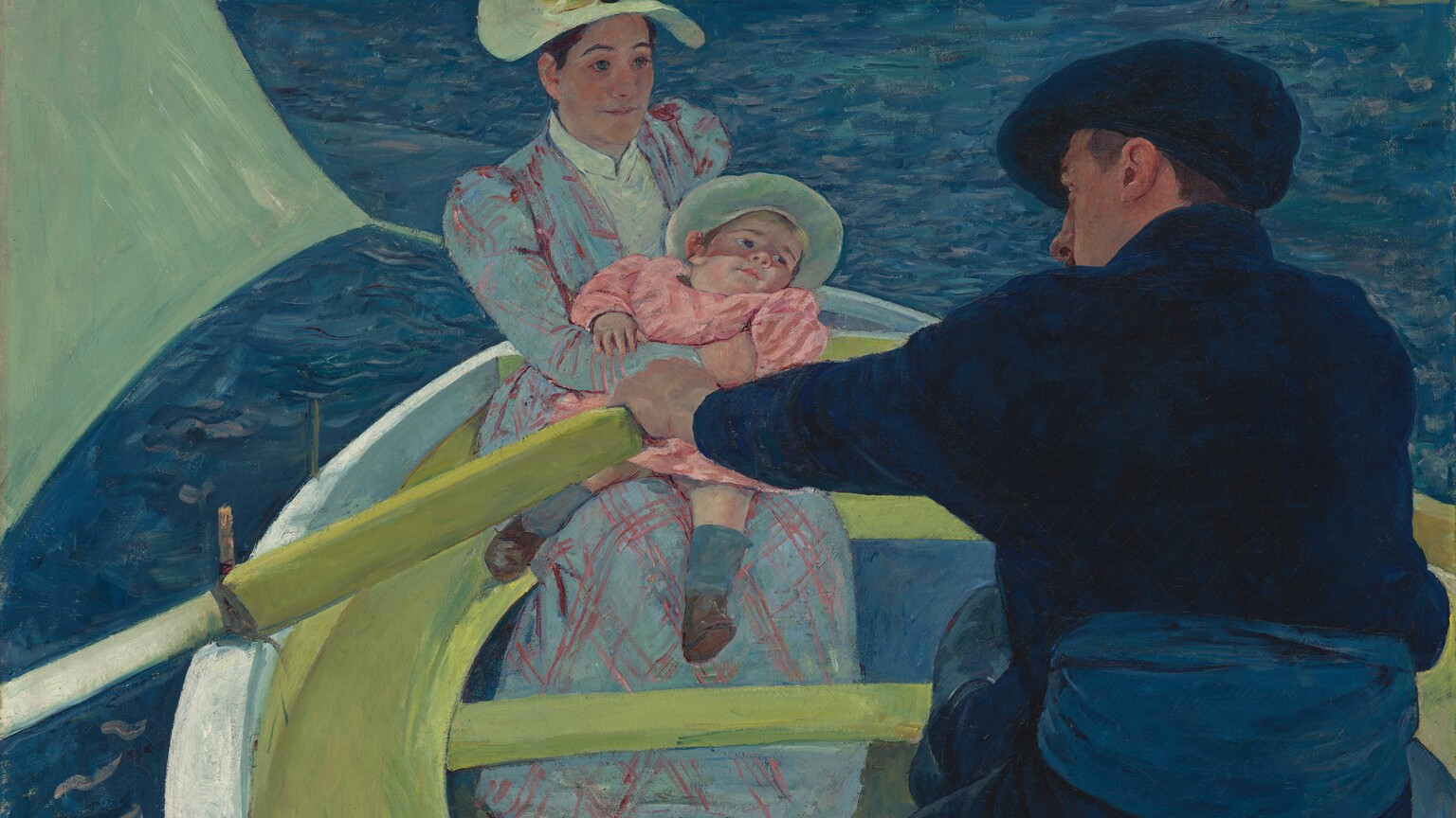 We look slightly down into a lime-green and white rowboat carrying a woman holding a baby and a man in this nearly square painting. The man wears midnight-blue shoes, pants, jacket, and soft, floppy cap. He sits with his back to us, bending forward to row the boat, which is cropped by the bottom edge of the canvas. The left side of his ruddy face is visible over his left shoulder. The woman and baby both have pale skin. The woman and baby sit across from the man, facing us to our left in the bow. The woman’s long-sleeved, sky-blue dress is crosshatched with pink lines. The baby leans back in the woman’s arms, and wears a pink dress, blue socks, and brown shoes. The wide-brimmed hats on both the woman and baby are painted pale celery green. They gaze toward or just past the man. The corner of the boat’s sail, also painted pale green, is pulled taunt by the wind to our left. Azure-blue water surrounds the boat up to the high horizon line, which brushes the top edge of the painting. The shoreline in the distance is lined with trees and dotted with white houses with red roofs.