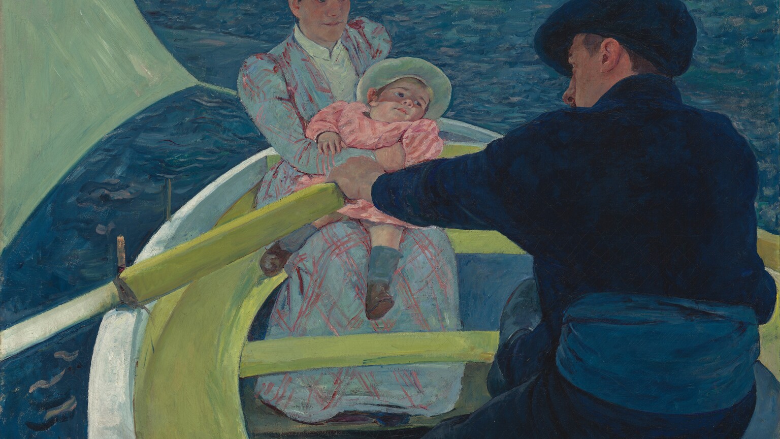 We look slightly down into a lime-green and white rowboat carrying a woman holding a baby and a man in this nearly square painting. The man wears midnight-blue shoes, pants, jacket, and soft, floppy cap. He sits with his back to us, bending forward to row the boat, which is cropped by the bottom edge of the canvas. The left side of his ruddy face is visible over his left shoulder. The woman and baby both have pale skin. The woman and baby sit across from the man, facing us to our left in the bow. The woman’s long-sleeved, sky-blue dress is crosshatched with pink lines. The baby leans back in the woman’s arms, and wears a pink dress, blue socks, and brown shoes. The wide-brimmed hats on both the woman and baby are painted pale celery green. They gaze toward or just past the man. The corner of the boat’s sail, also painted pale green, is pulled taunt by the wind to our left. Azure-blue water surrounds the boat up to the high horizon line, which brushes the top edge of the painting. The shoreline in the distance is lined with trees and dotted with white houses with red roofs.