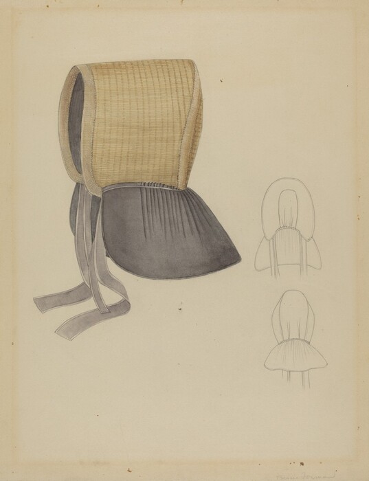 This is a painting of a bonnet with a woven straw-like hood on the top, dark gray fabric that extends downward, and ribbon-like ties hanging from either side. The bonnet is painted with the opening facing the left. Additionally, there are two other sketches on the right showing the bonnet from different angles. The background is beige paper.