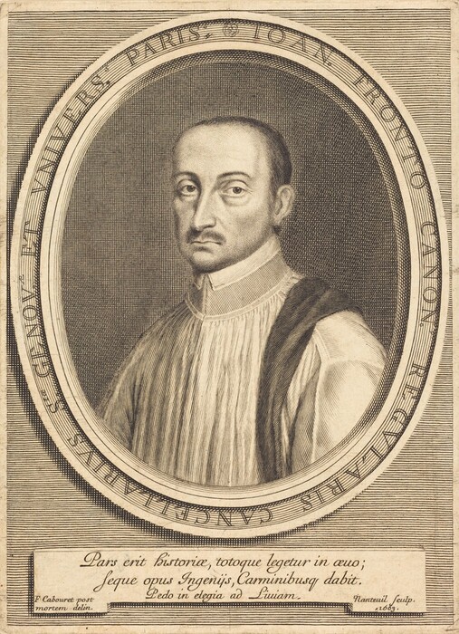 This engraving shows a man from his mid-torso upwards. He is slightly turned to the left but looking directly at the viewer. The man has a high forehead, thin eyebrows, a neatly trimmed mustache, clean-shaven face, and short, neatly cropped hair. He is wearing a clerical robe with vertical stripes, and there is an intricate pattern on the attire and collar. The background features a finely detailed oval frame with inscriptions.