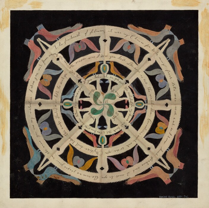 The image features a white circular pattern with interlocking triangular shapes and lines radiating outward from the center, which contains a green swirling shape. Surrounding the central motif are bird-like shapes adorned with pastel shades of blue, green, and orange. The background is black. Along the white circular lines are lines of text written in a cursive script.
